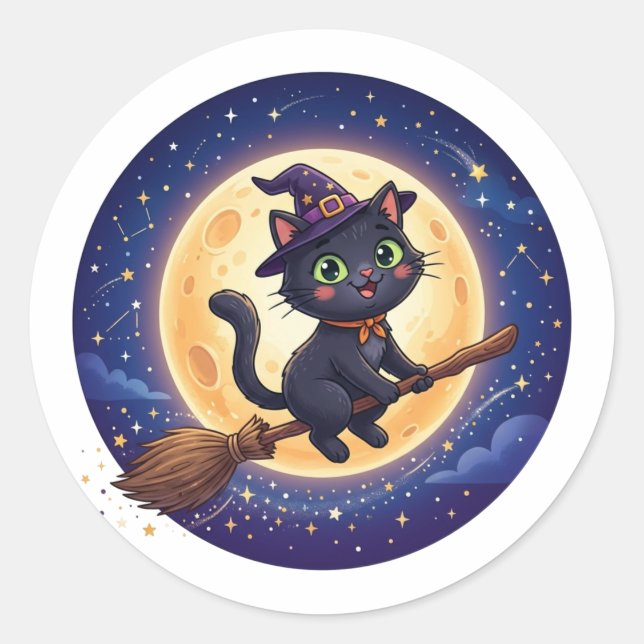 Bruxa Voadora Fofa Adesivo de Gato Preto Lua Hallo (Frente)