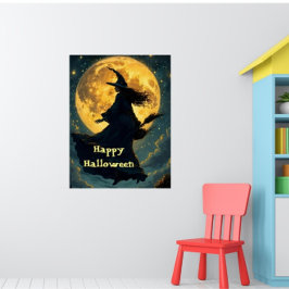 Bruxa Voando Sobre Poster de Dia das Bruxas de Lua