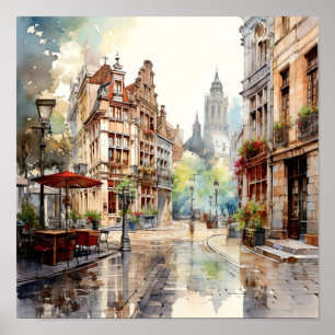 Bruxelas Bélgica Viagem Watercolor Art Impressão