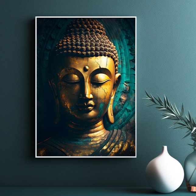 Buda Pacífica Enfrenta Dourada Arte Azul Poster (Peaceful Buddha Face Gold Blue Art Antique Poster)