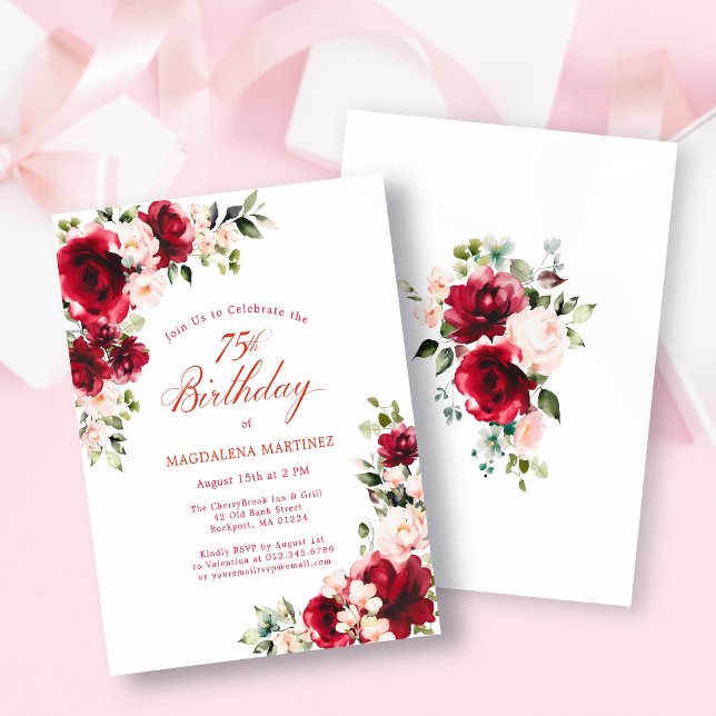 BUDGET 75th Birthday Red Pink Rose Invitation (Criador carregado)