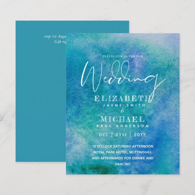 BUDGET Aqua Watercolor Convite de casamento Ocean  (Frente/Verso)