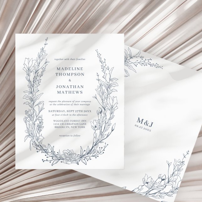 BUDGET Azure Ivory Floral Wreath Monograma Casamen (Criador carregado)