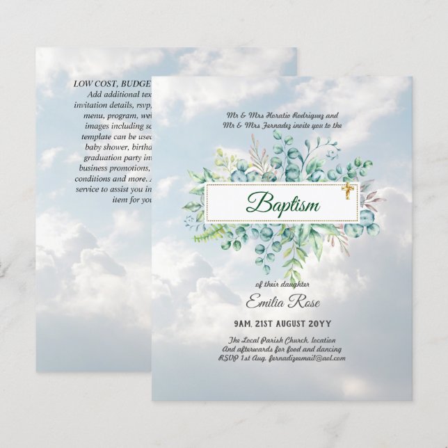 BUDGET Baptism Bautizo Bautismo GREENERInvites (Frente/Verso)