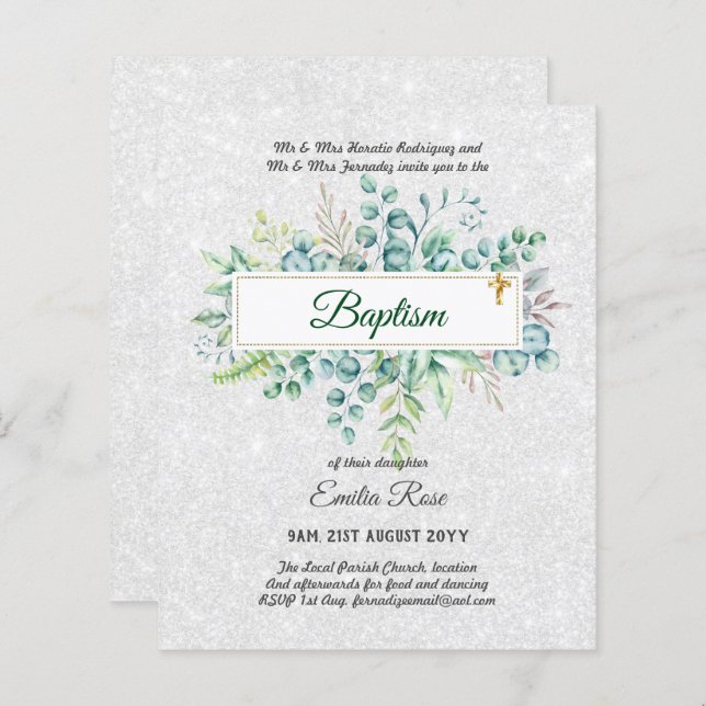 BUDGET Baptism Bautizo Bautismo GREENERInvites (Frente/Verso)