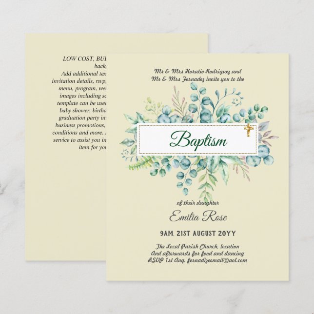 BUDGET Baptism Bautizo Bautismo GREENERInvites (Frente/Verso)