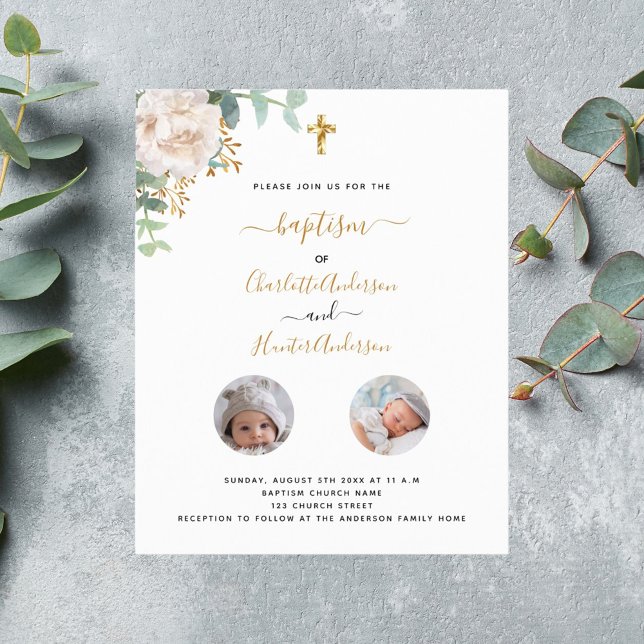 Budget Baptism twins white floral photo invitation (Criador carregado)
