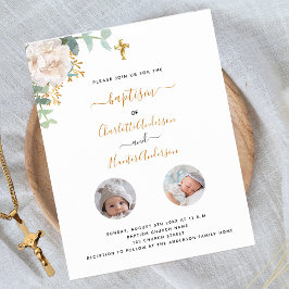 Budget Baptism twins white floral photo invitation