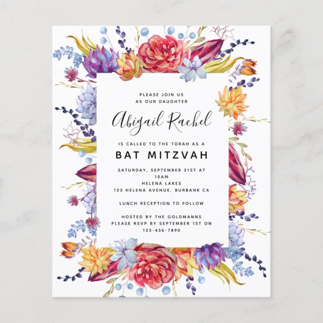 BUDGET Bat Mitzvah Convite Suculto (Frente)