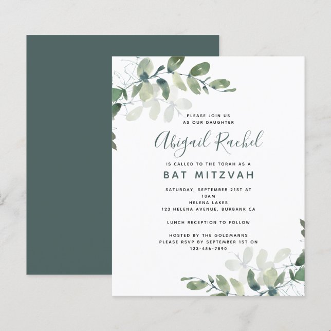 BUDGET Bat Mitzvah Eucalyptus Convite (Frente/Verso)