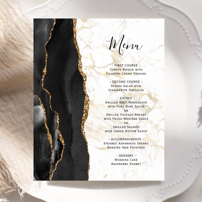 Budget Black Gold Agate Marble Wedding Menu (Criador carregado)