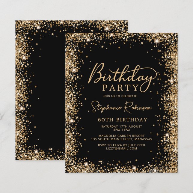 Budget Black Gold Glitter 60th Birthday Invitation (Frente/Verso)