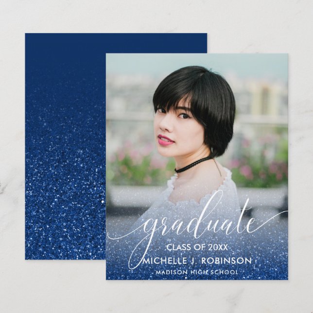 BUDGET BLUE Glitter Ombre Girly Photo Graduação (Frente/Verso)