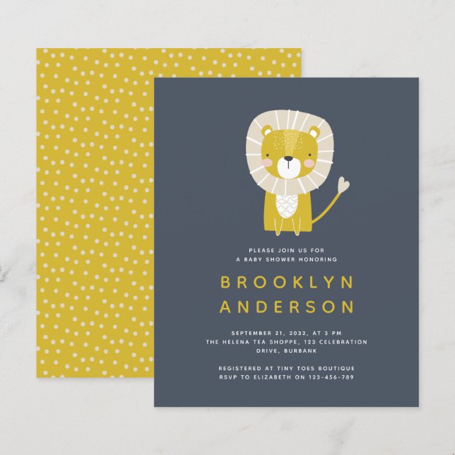 BUDGET Blue Lion Boy Convite para Chá de fraldas (Frente/Verso)