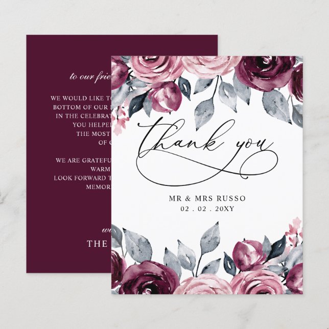 Budget Blush Burgundy Wedding Thank You Card (Frente/Verso)