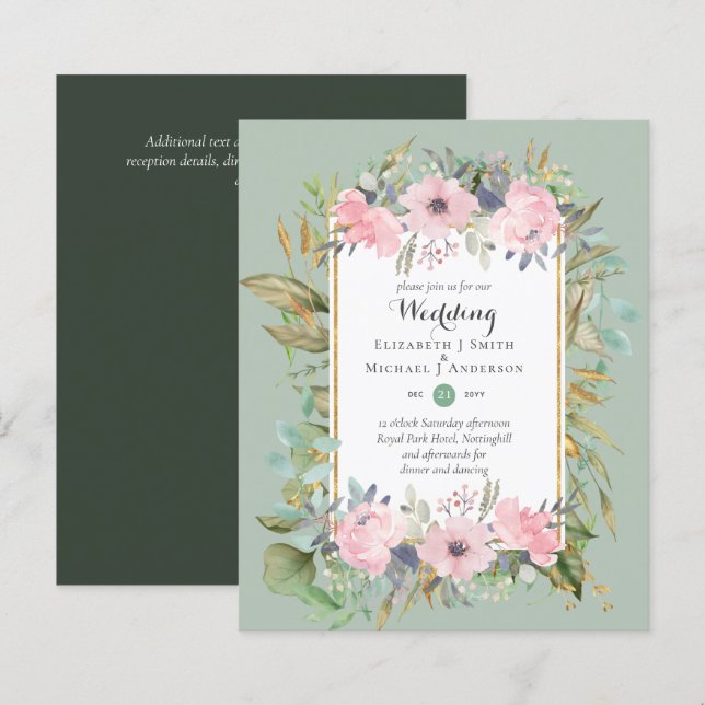 BUDGET Blush Floral Cor-de-rosa Convites (Frente/Verso)