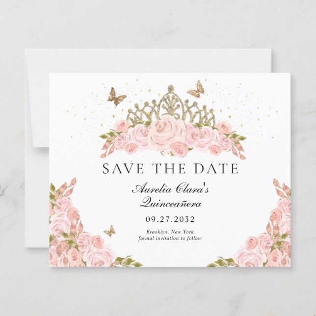 BUDGET Blush Pink Floral Gold Tiara Quinceanera (Frente)