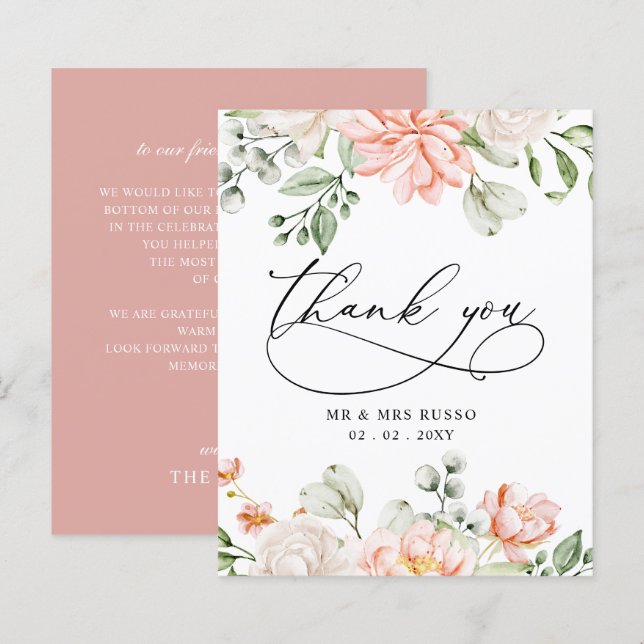Budget Blush Pink Floral Wedding Thank You Card (Frente/Verso)