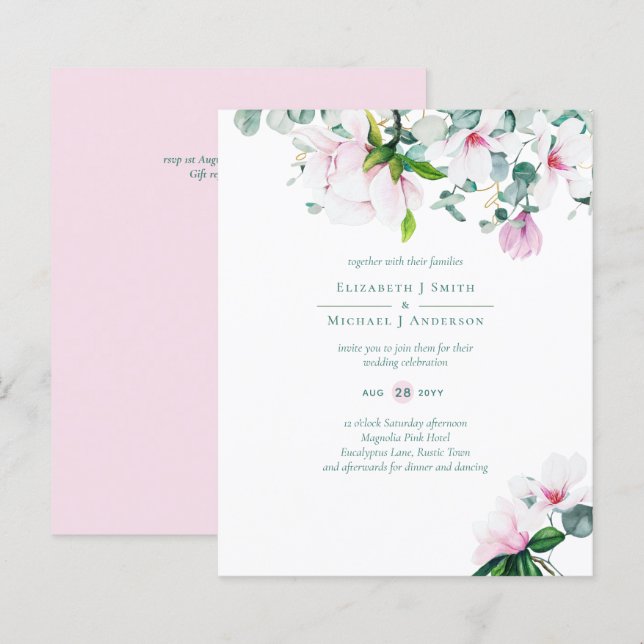 BUDGET Blush Pink Magnolias Sage Eucalyptus Wed (Frente/Verso)