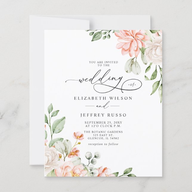 Budget Blush White Floral Wedding Invitations (Frente)