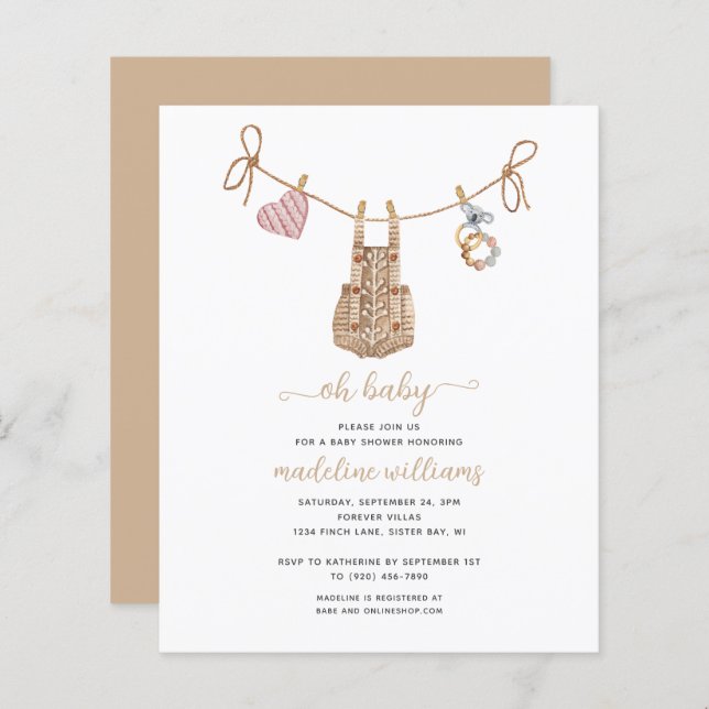 BUDGET BOHO Baby Clothes Neutral Oh Chá de fraldas (Frente/Verso)