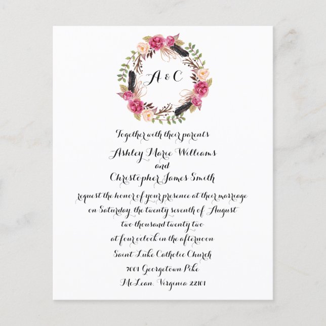 Budget Boho Floral Wedding Invitation Greenery (Frente)