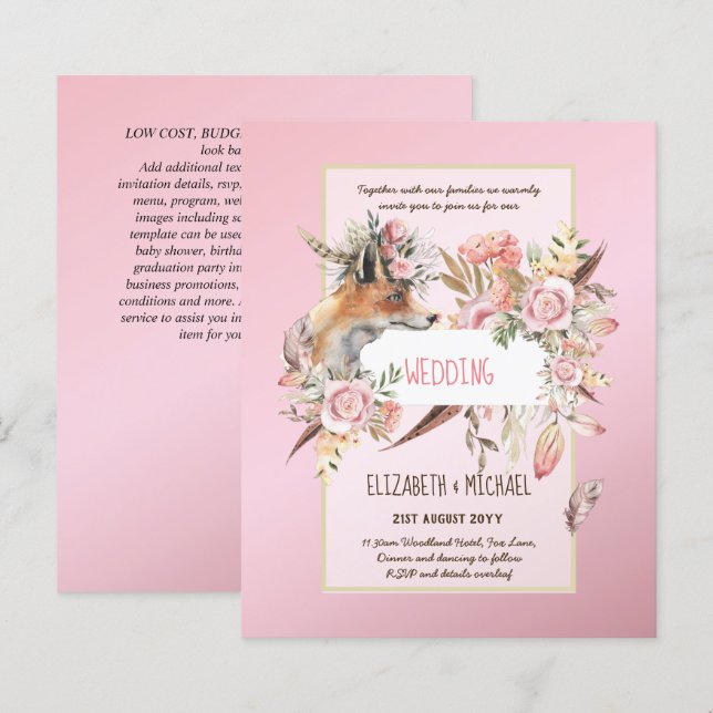 BUDGET Boho Woodland FOX Floral Wedn Moderno (Frente/Verso)