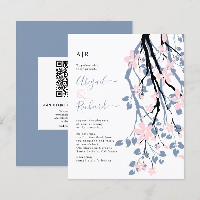 BUDGET Branch e QR code convite de casamento azul (Frente/Verso)