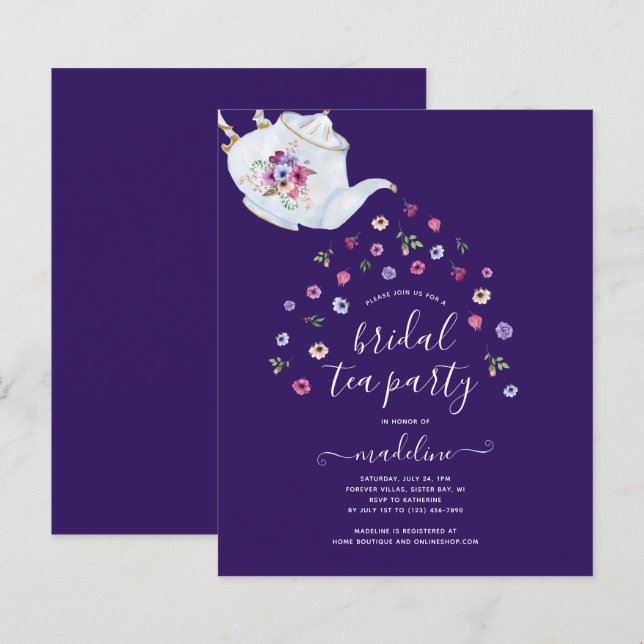 BUDGET Bule Floral Bridal Convite de festas (Frente/Verso)