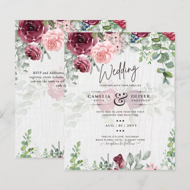 BUDGET Burgundy Blush Convite de casamento Floral  (Frente/Verso)