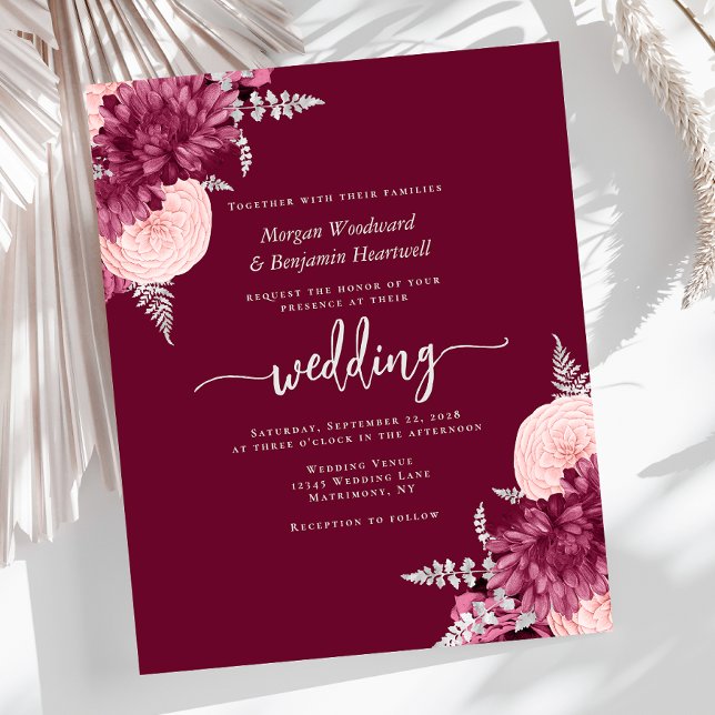 Budget Burgundy Blush Silver Floral Wedding Invite (Criador carregado)