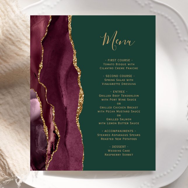 Budget Burgundy Gold Agate Green Wedding Menu (Criador carregado)