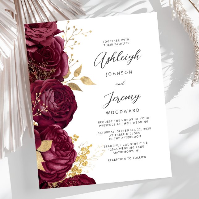 Budget Burgundy Gold Floral Script Wedding Invite (Criador carregado)