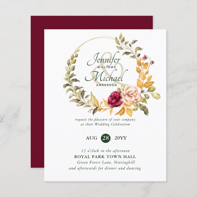 BUDGET Burgundy Peach Convites de Casamento Floral (Frente/Verso)