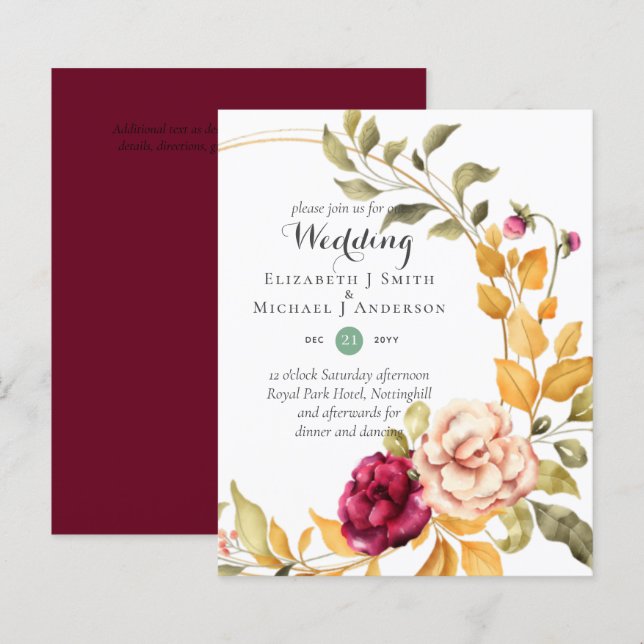 BUDGET Burgundy Peach Convites de Casamento Floral (Frente/Verso)