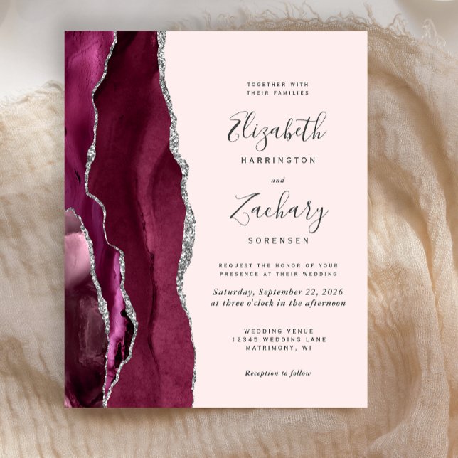 Budget Burgundy Silver Agate Blush Wedding Invite (Criador carregado)