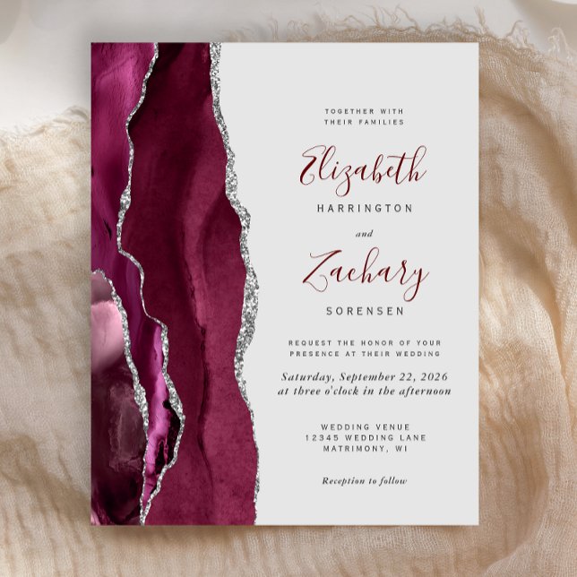 Budget Burgundy Silver Agate Gray Wedding Invite (Criador carregado)