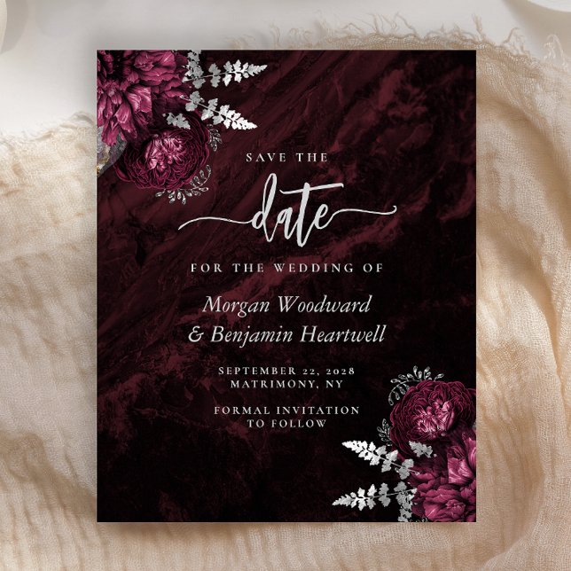 Budget Burgundy Silver Floral Save the Date (Criador carregado)