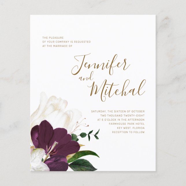 BUDGET Burgundy White e Dourado Convite para Casam (Frente)