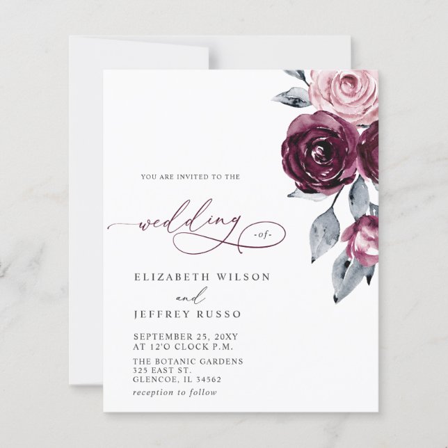 Budget Burgundy White Floral Wedding Invitations (Frente)