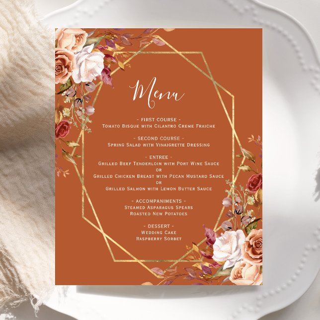 Budget Burnt Orange Fall Floral Wedding Menu (Criador carregado)