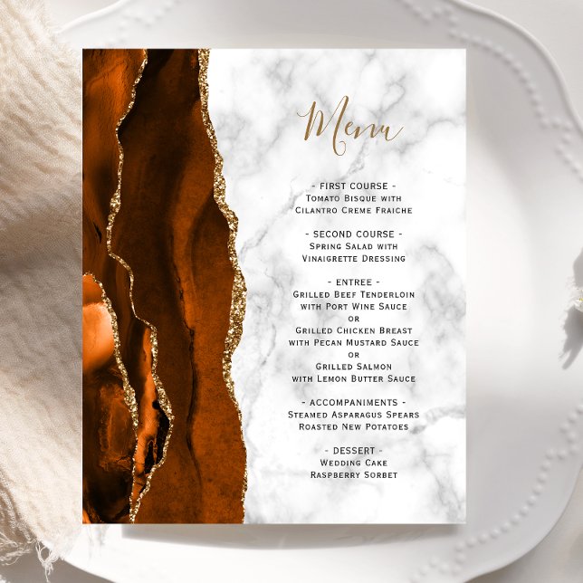 Budget Burnt Orange Gold Agate Marble Wedding Menu (Criador carregado)