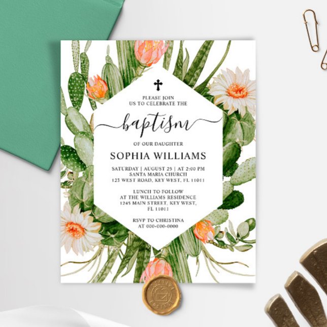 Budget Cactus Flowers Frame Baptism Invitation (Criador carregado)
