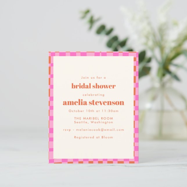 Budget Checker Pink Orange Bridal Shower Invite (Em pé/Frente)