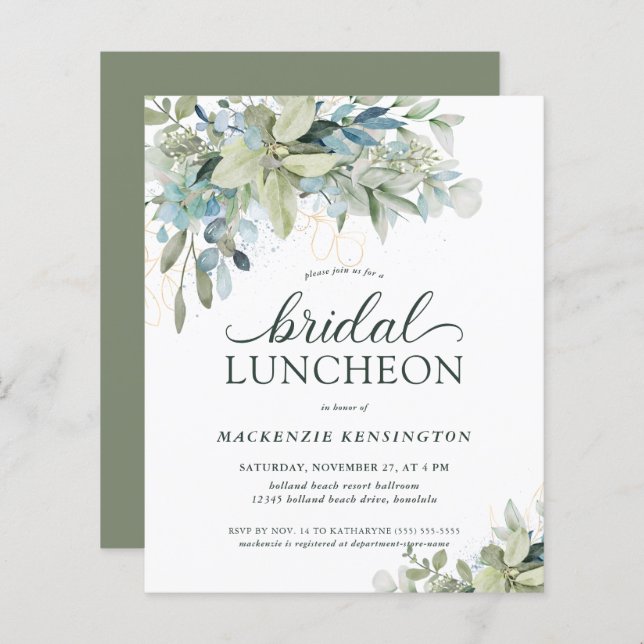 BUDGET Chic Eucalyptus Bridal Luncheon Convite (Frente/Verso)