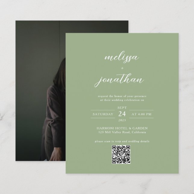 BUDGET Classic Sage Green Photo QR Code Wedding (Frente/Verso)
