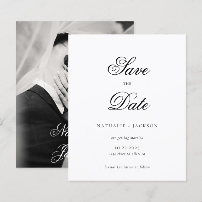 BUDGET Classic Script Photo Wedding Save the Date (Frente/Verso)