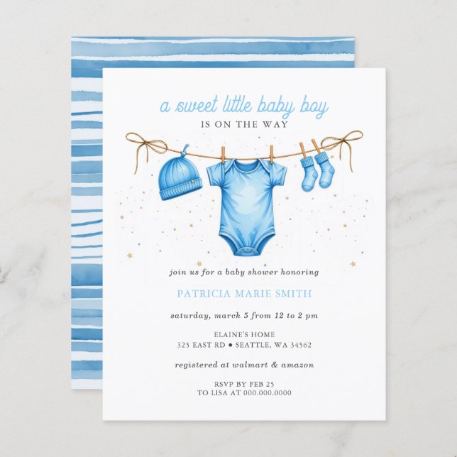 Budget Clothesline Blue Boy Baby Shower invitation (Frente/Verso)