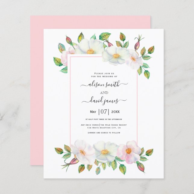 BUDGET Convite de casamento floral rosa (Frente/Verso)