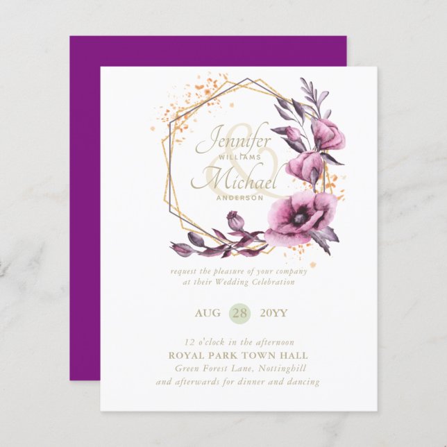 BUDGET Convites Dourados Florais Roxos (Frente/Verso)